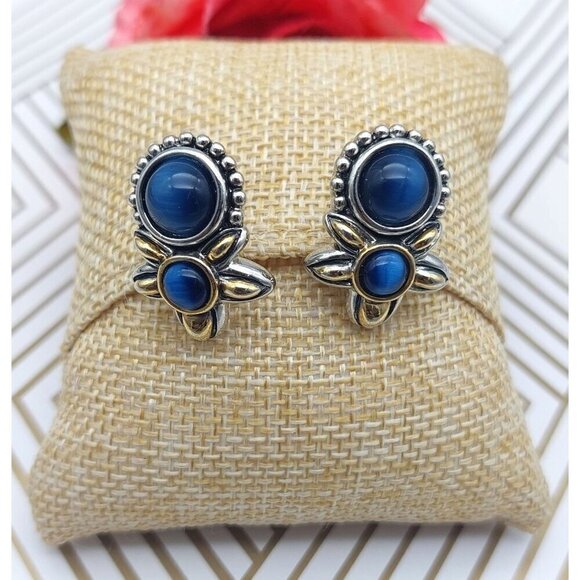 Michael Morrison Two Tone Silver & Gold Blue Glass Bead Floral Earrings Sign MX - Picture 2 of 11